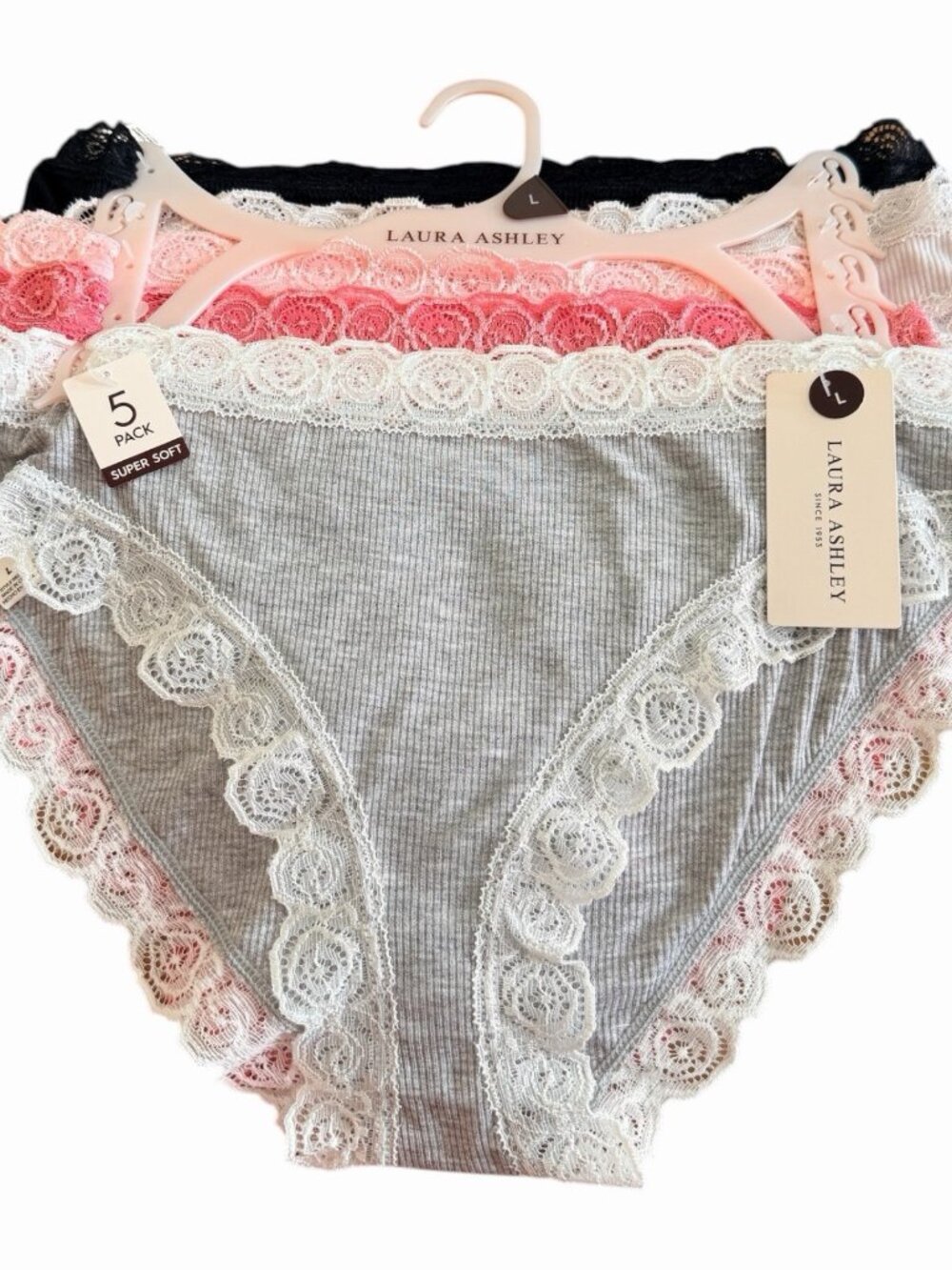 Laura Ashley Womens 5 Pack Super Soft Lace Trim Briefs Size Large. MSRP $48